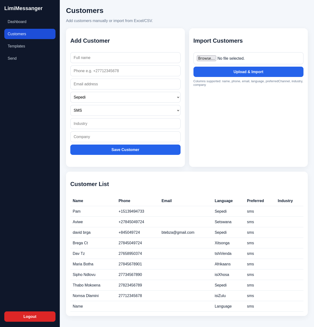 LimiMessanger Customer Management